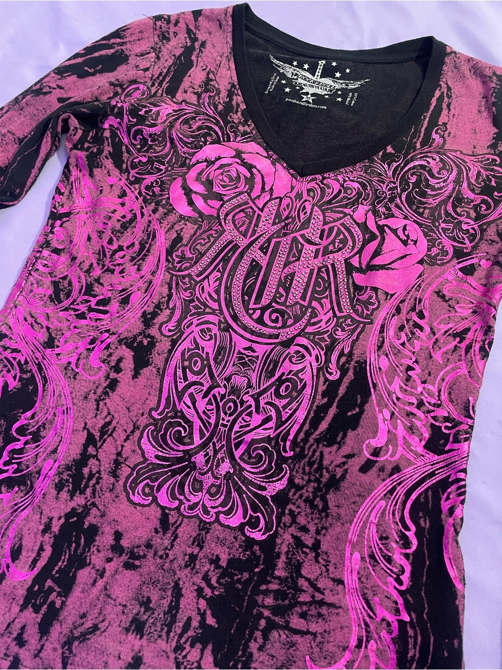 ⁠McBling Rock N Roll Cowgirl Rose Affliction style Long Sleeve Top Vintage y2k